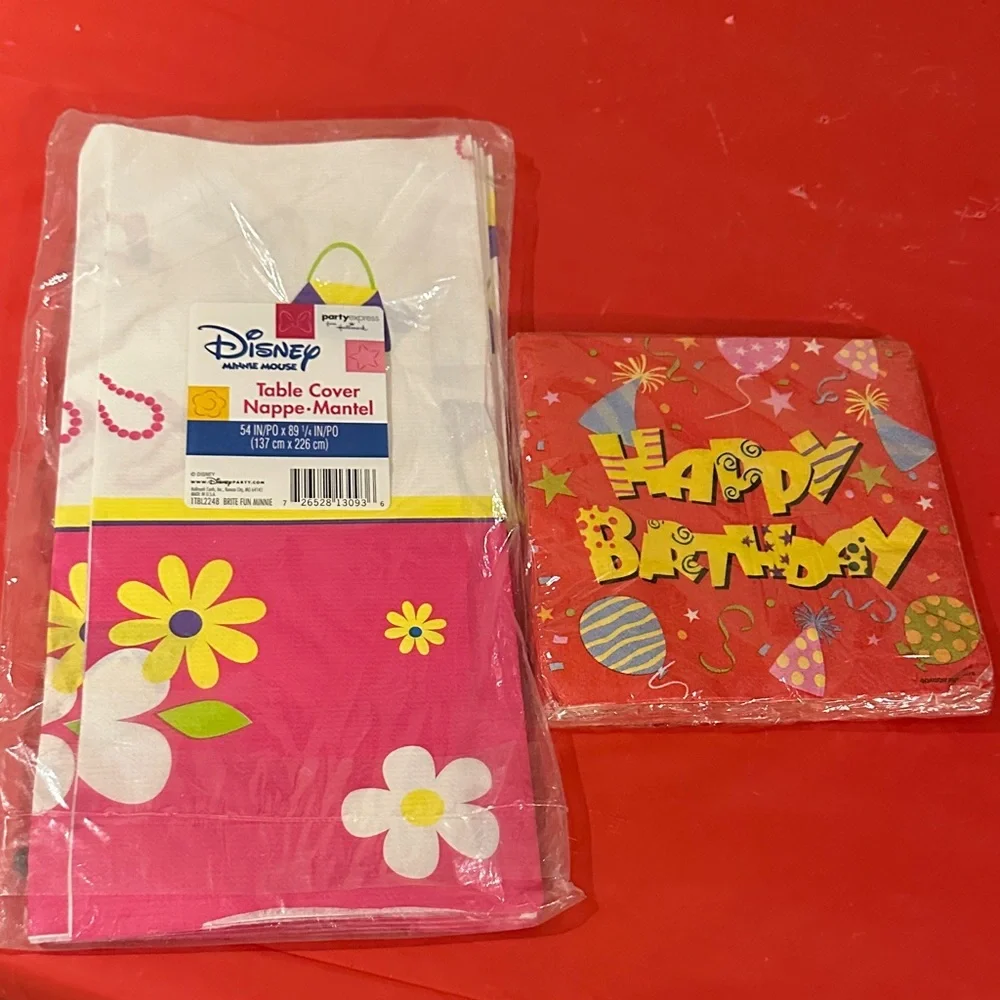 Disney Floral Table Cover and Happy Birthday Napkins - Pink and Yellow